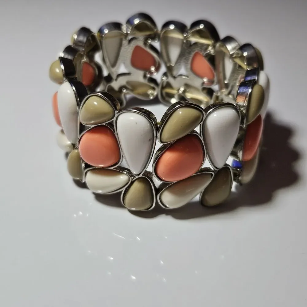 Silver Tone Chunky Pink Tan White Bead Stretch Bracelet 7.5